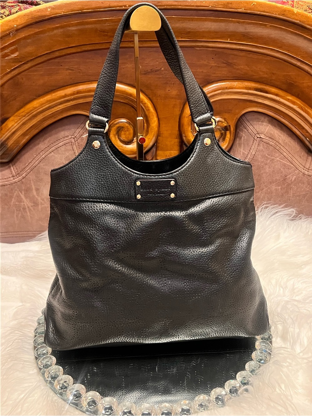 kate spade Y2K Black Pebbled Leather Shoulder Tote with Gold Hardware